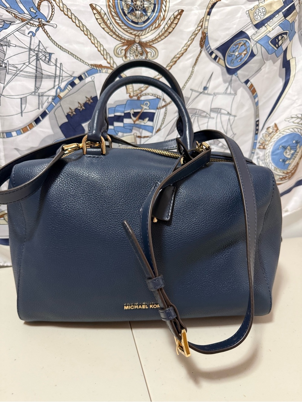 Michael Kors  Large Deep Navy Pebbled Leather Satchel with Gold Hardware NWT